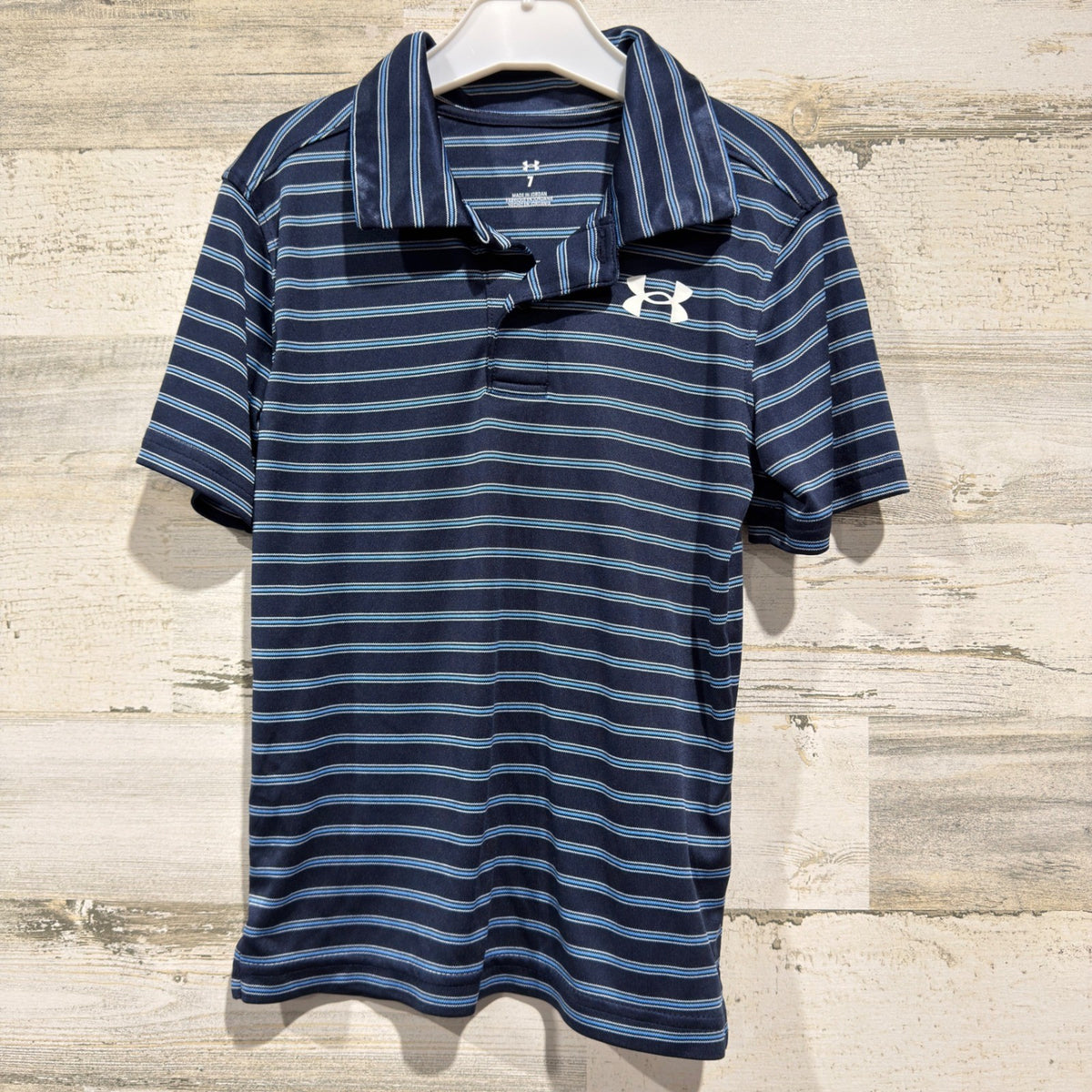 Under Armour Polo Shirt Boys Size 7 Navy Blue Striped Activewear Sporty EUC0