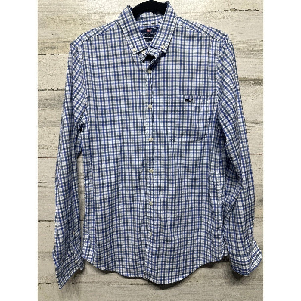 Vineyard Vines Tucker Shirt Mens Small Blue Gingham Slim Fit Stretch EUC0