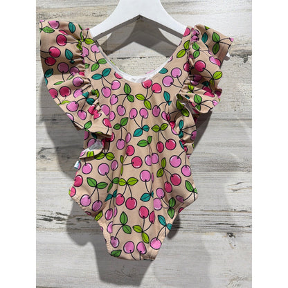 Posh Peanut One Piece Swimsuit Girls 3T Pink Cherry Ruffle Bamboo Kidcore EUC1