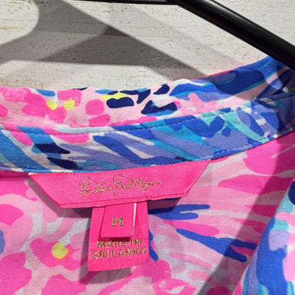 Lilly Pulitzer Button Down Tunic Women Medium Pink Blue Floral Rayon Preppy EUC2