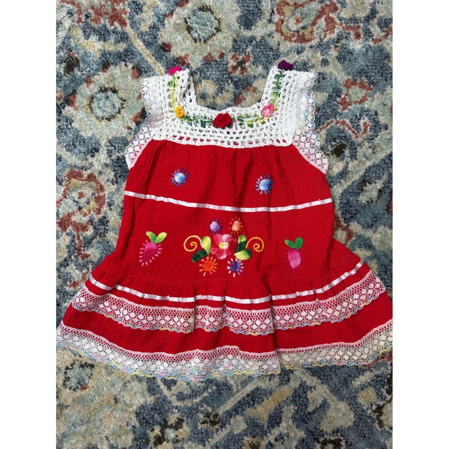 Baby Mexican Embroidered Dress Infant 0 (Fits 0-12m) Red Floral Crochet Lace EUC0