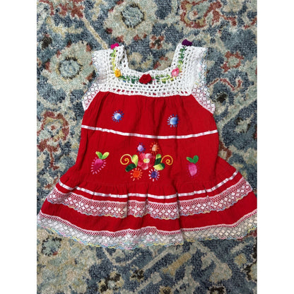 Baby Mexican Embroidered Dress Infant 0 (Fits 0-12m) Red Floral Crochet Lace EUC0