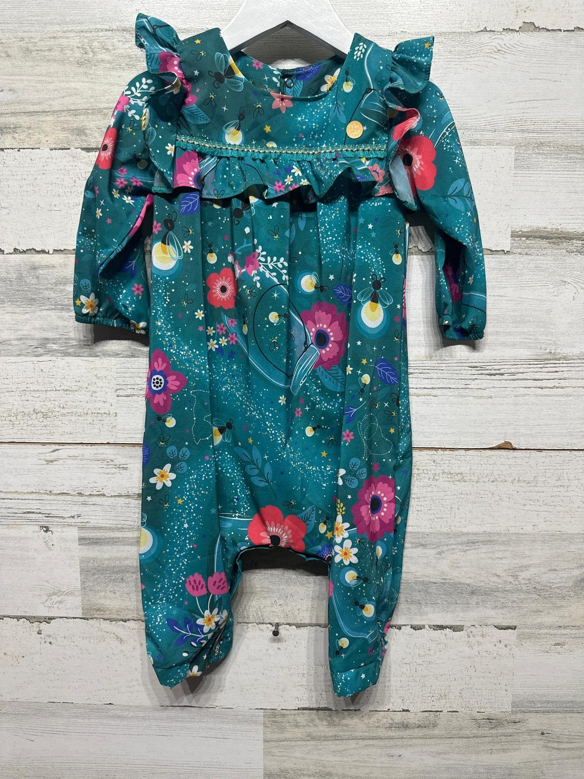 Mon Sucre Floral Firefly Romper Kids 9-12M Teal Ruffle NWT0