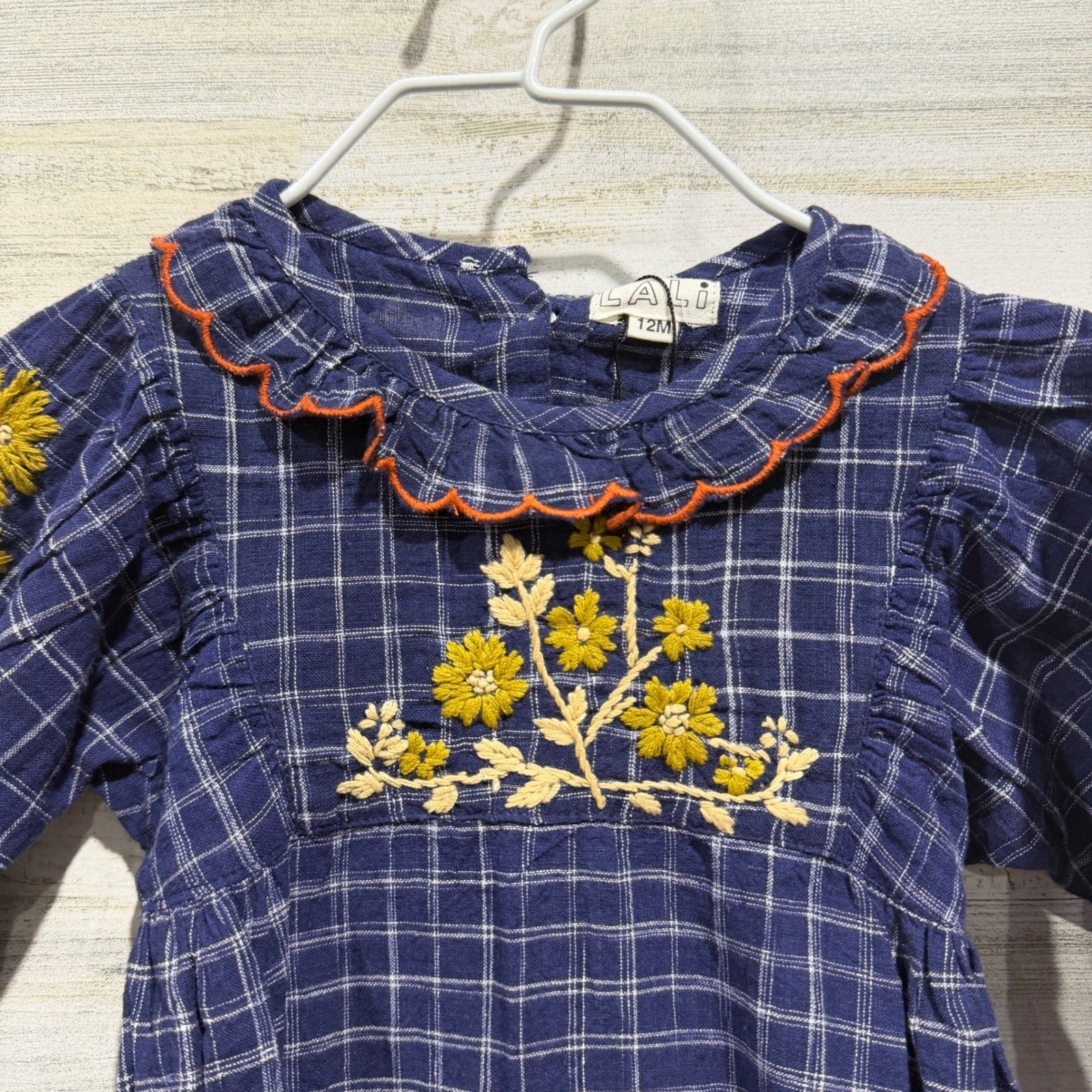 Lali Embroidered Bubble Romper Girls 12M Blue Plaid Floral NWT *Flawed1