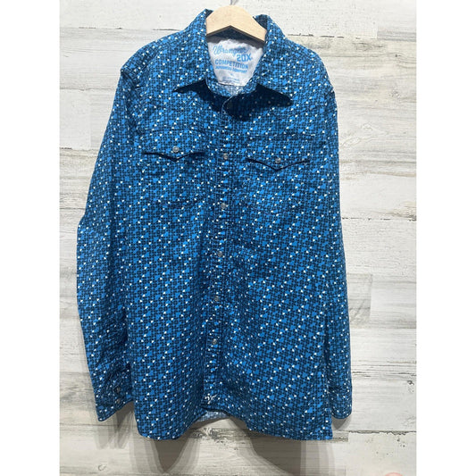 Wrangler 20X Competition Shirt Boys XL Blue Geometric Western Snap Up EUC0