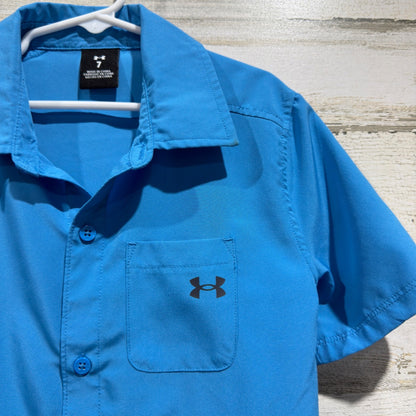 Under Armour Button Down Boys 7 Blue Short Sleeve Performance EUC1