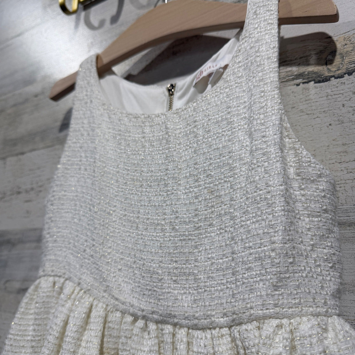GB Girls Tiered Tweed Dress Girls Size 7 Cream Gold Metallic Holiday Preppy EUC1