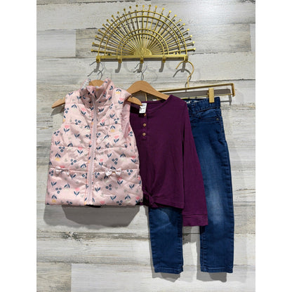 OshKosh Cat & Jack Just Lizzie Girls 4 Pink Purple Floral Vest Shirt Jeans EUC0
