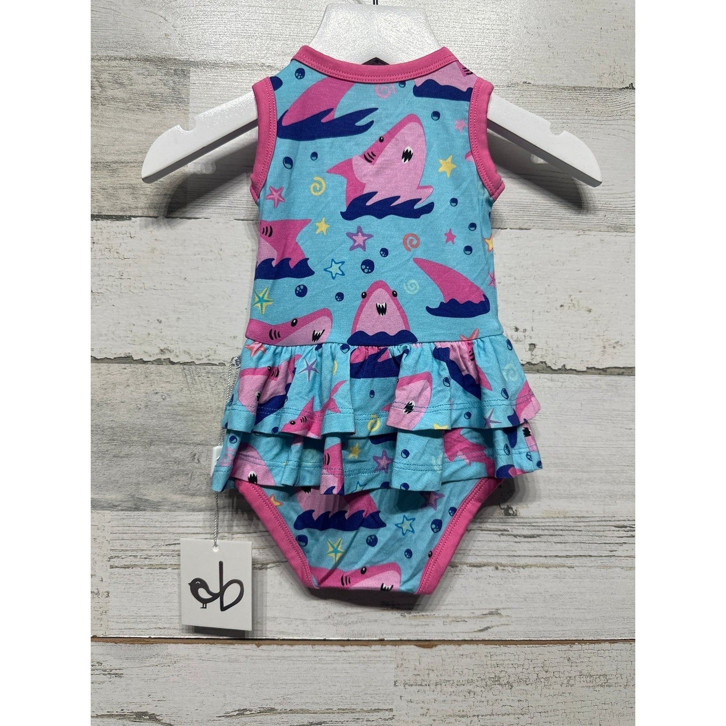 Birdie Bean Gwen Pink Shark Birdie Twirl Bodysuit Girls 0-3M Blue Bamboo NWT1