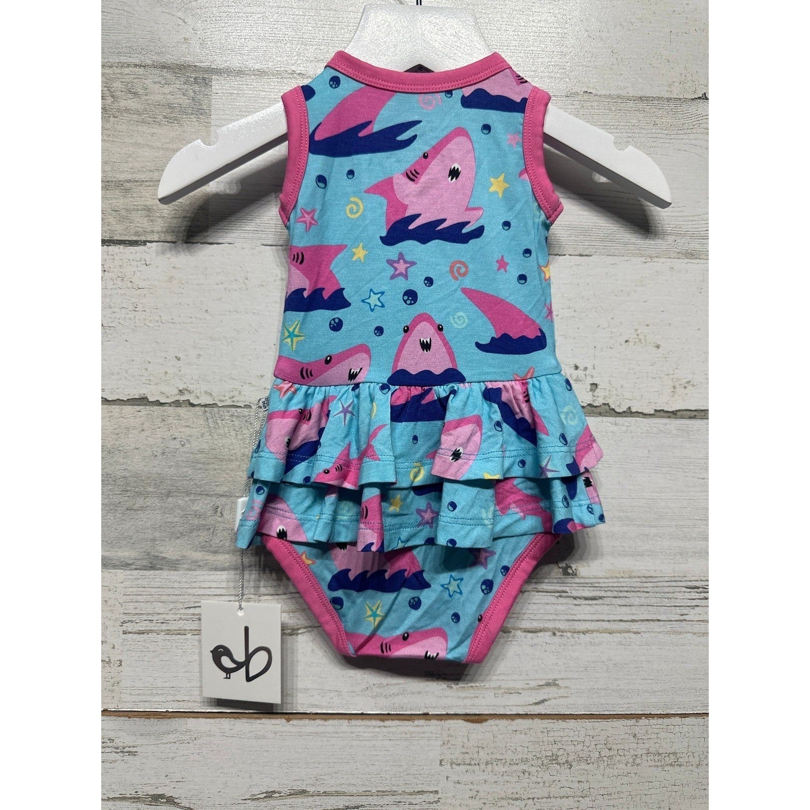 Birdie Bean Gwen Pink Shark Birdie Twirl Bodysuit Girls 0-3M Blue Bamboo NWT1