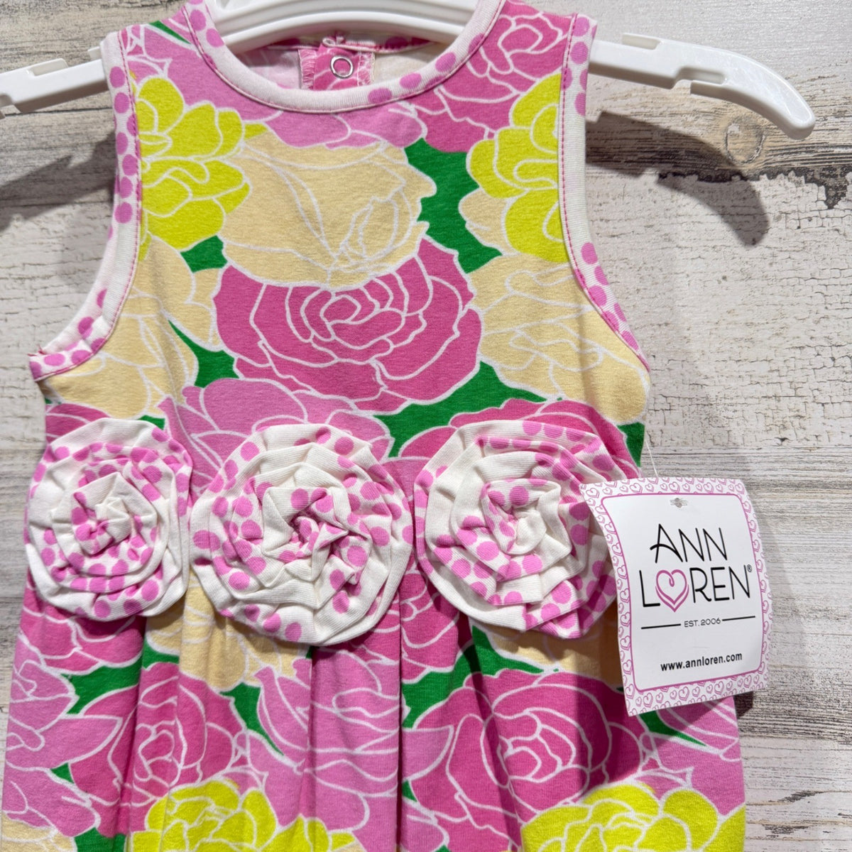 Ann Loren Romper Girls 12-18M Pink Yellow Floral Rosette Ruffle Boutique NWT1