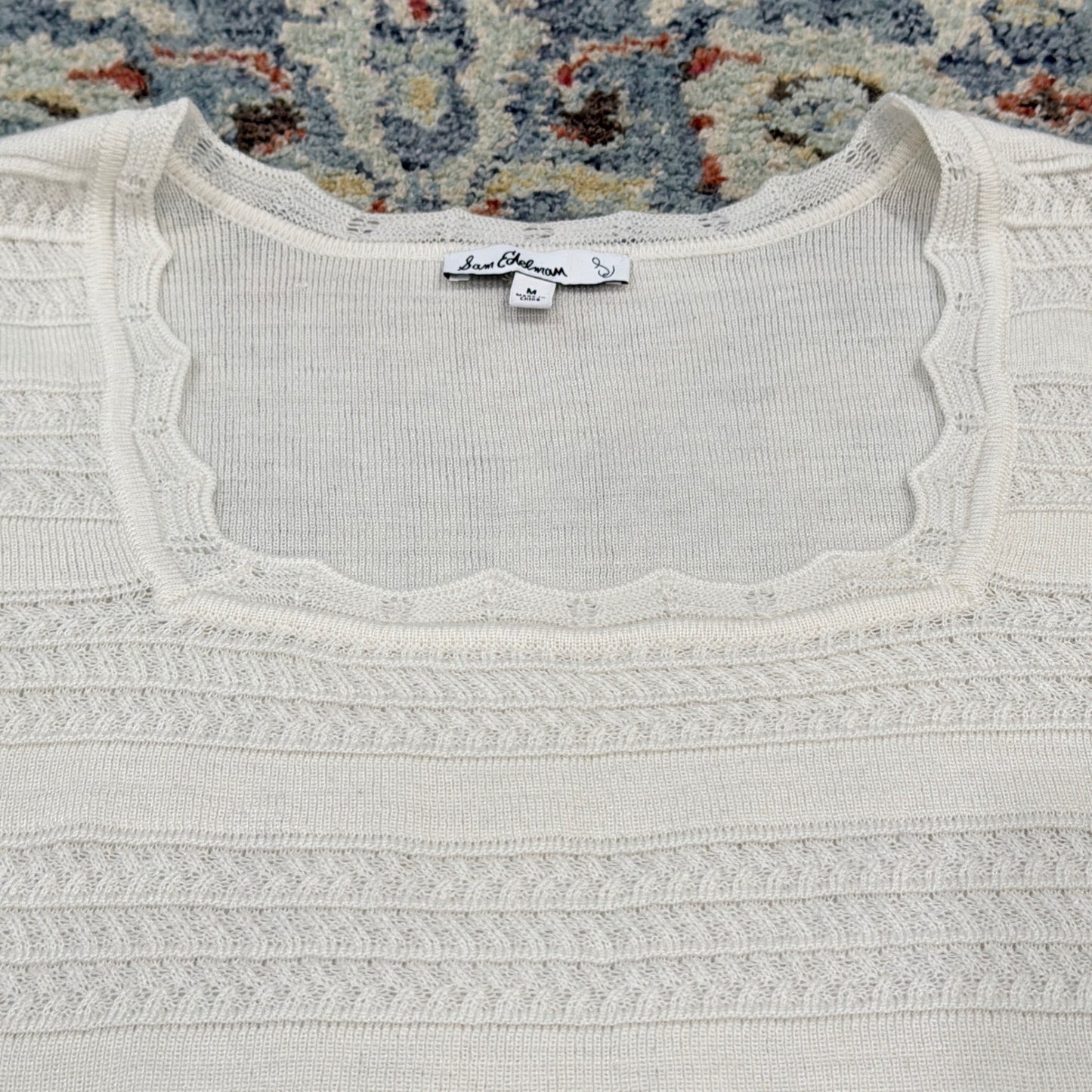 Sam Edelman Knit Top Women M White Pointelle Scalloped Coquette EUC1