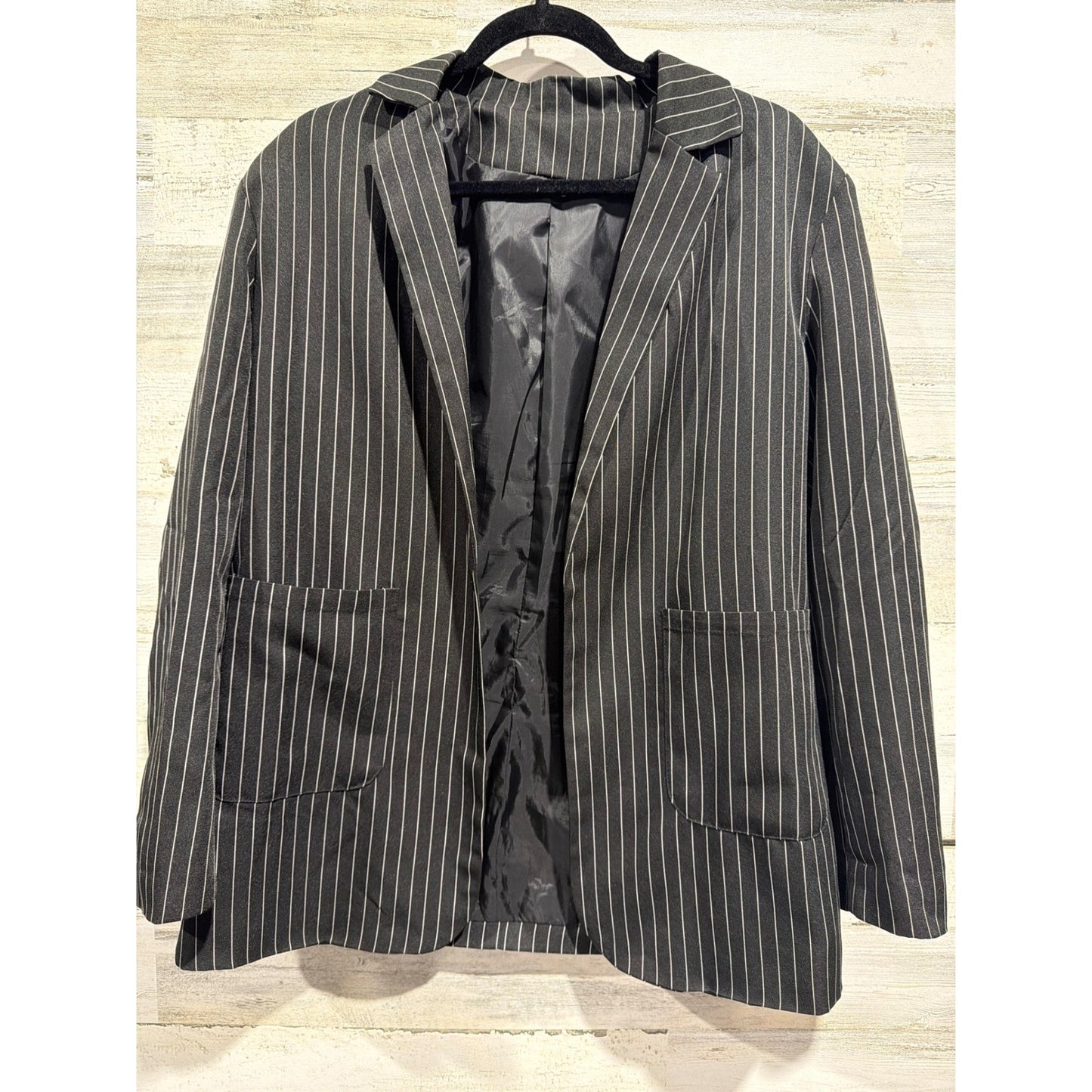 Pinstripe Blazer Women Large Black White Open Front Pockets Interview Office EUC0