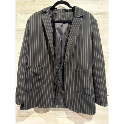 Pinstripe Blazer Women Large Black White Open Front Pockets Interview Office EUC0