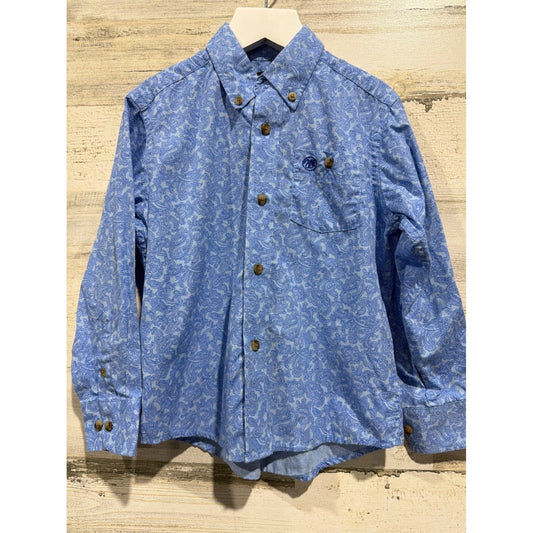 Wrangler Button Down Shirt Boys XS Blue Paisley Western Cowboy EUC0