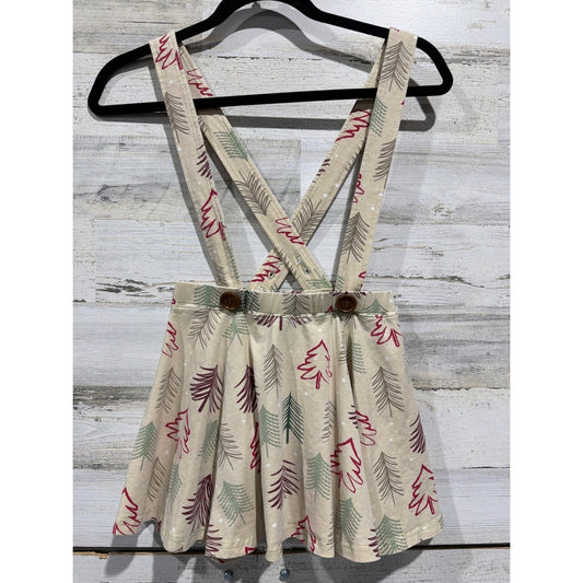 Sew Sassy Pinafore Skirt Girls 10 Cream Christmas Tree Holiday Boutique EUC0