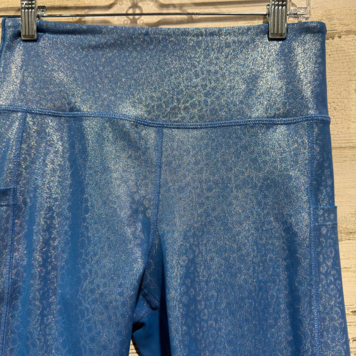 Zyia Metallic Leopard Pocket Leggings Women 6-8 Blue Shimmer Print EUC1