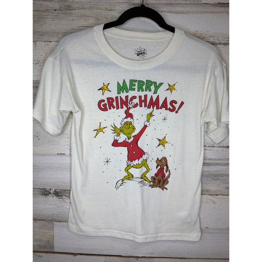 Dr Seuss Grinch T-Shirt Kids 10/12 White Merry Grinchmas Holiday GUC0