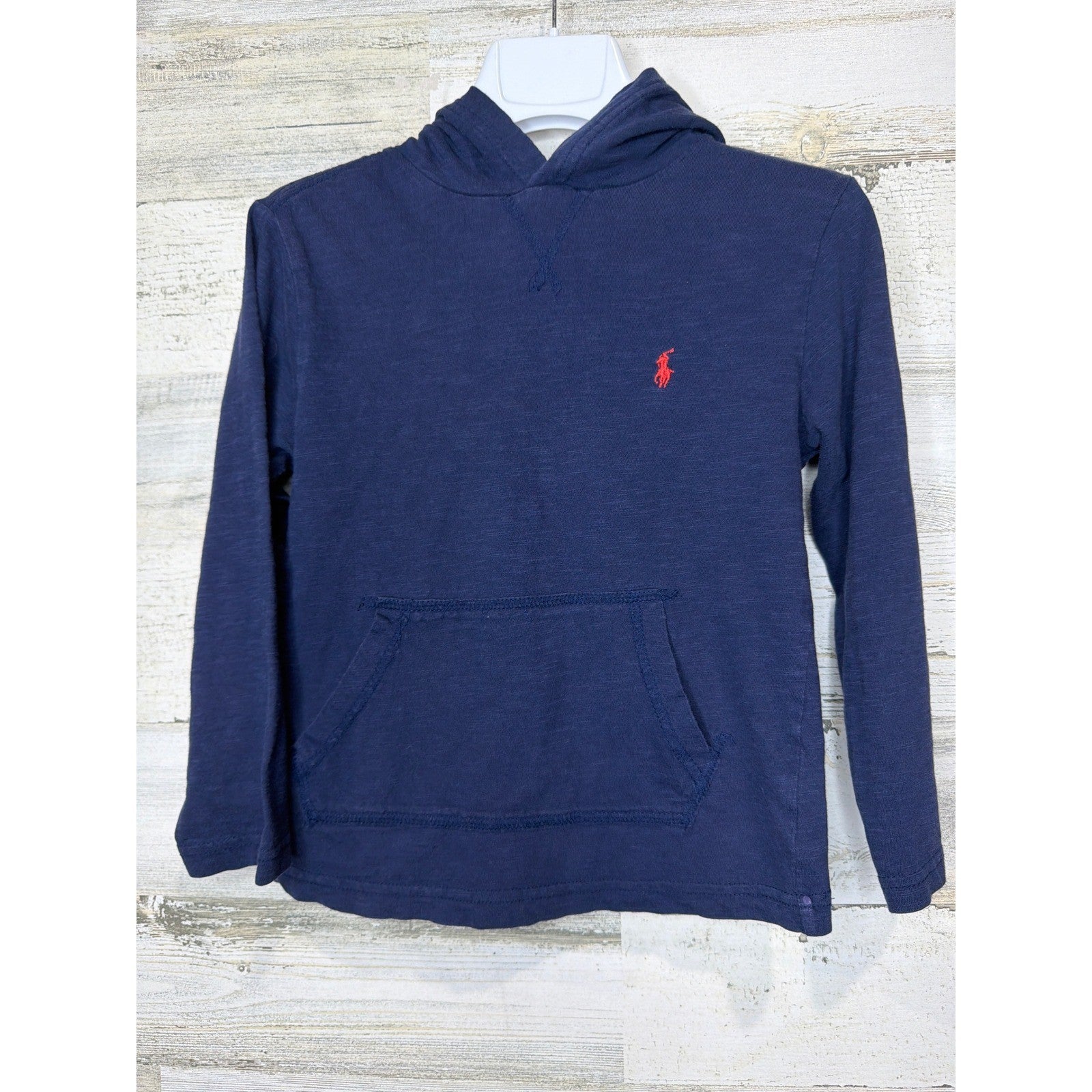 Polo Ralph Lauren Hooded Shirt Boys 5 Navy Blue Cotton Slub Hoodie EUC0