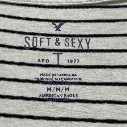 American Eagle Soft & Sexy Top Women Medium Cream Black Striped V-Neck EUC2
