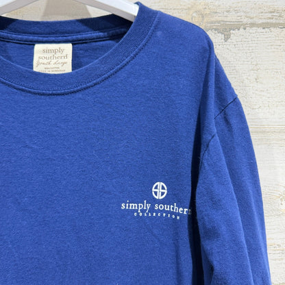 Simply Southern Long Sleeve Shirt Girls L Blue Butterfly Wings Preppy EUC2