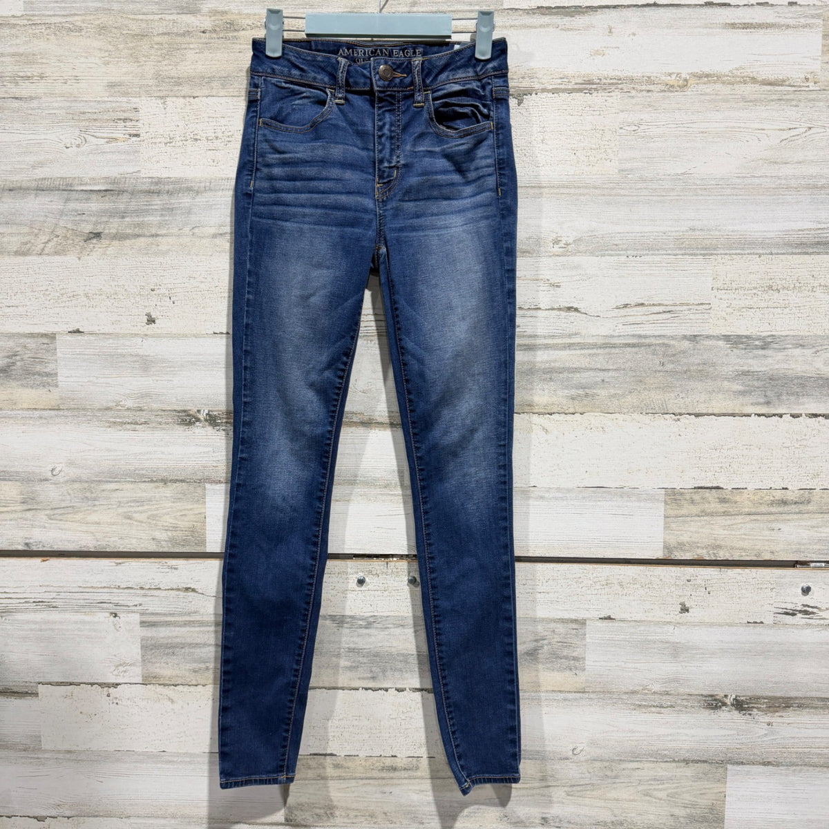 American Eagle Hi-Rise Jegging Women 2 Blue Super Stretch Distressed *Flawed0