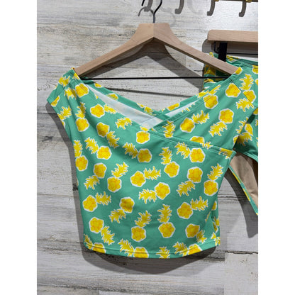 Kortni Jeane Swimsuit Women Medium Green Pineapple High Waist Modest Retro EUC1