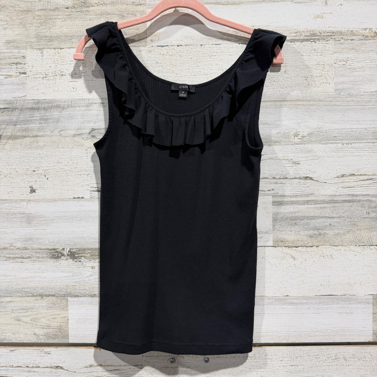 J.Crew Ruffle Neck Tank Top Women Size M Black Ribbed Cotton Blend EUC0