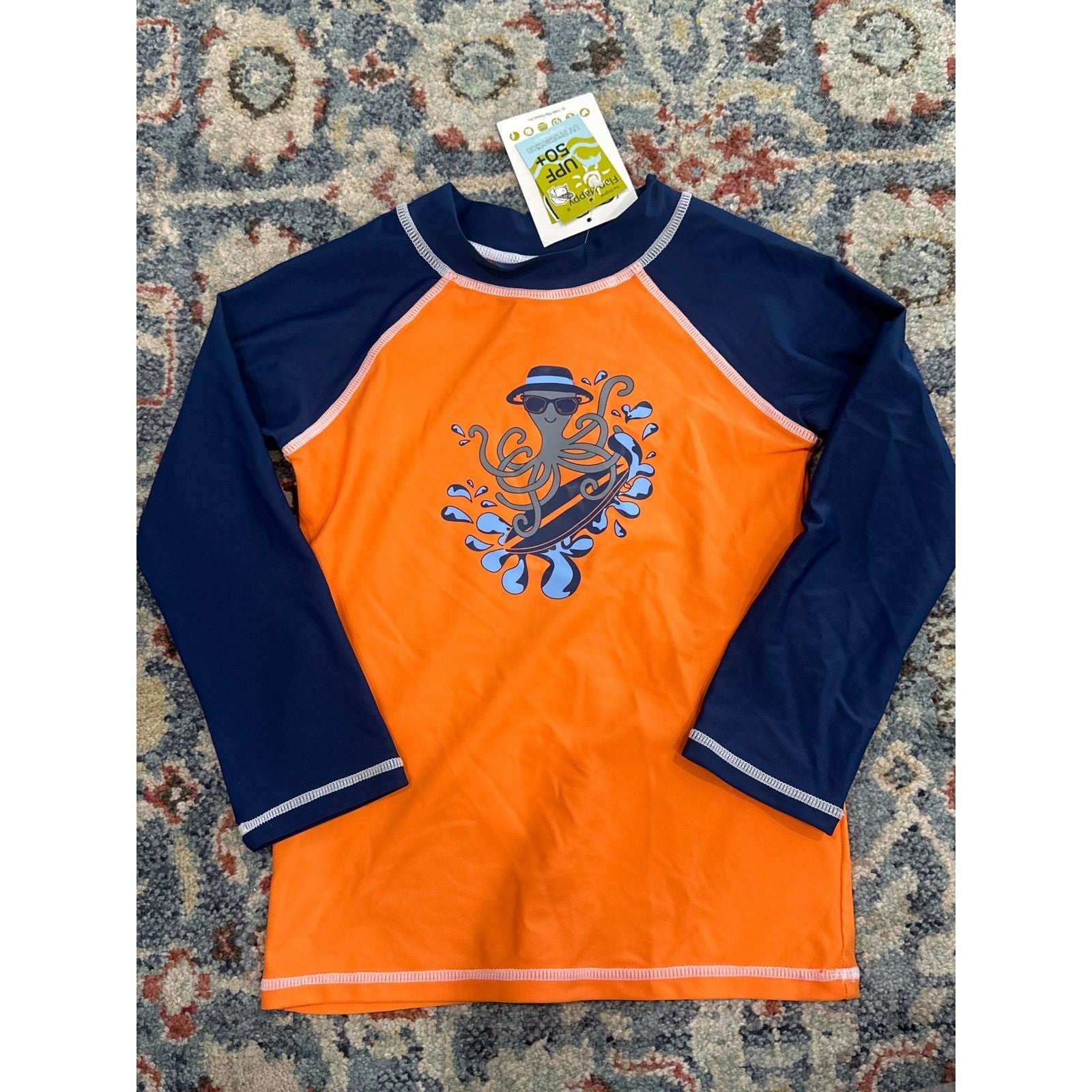 Flap Happy Rash Guard Boys 6X/7 Orange Navy Surfing Octopus UPF 50+ NWT0