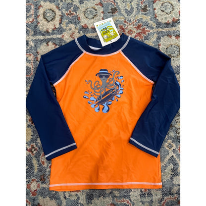 Flap Happy Rash Guard Boys 6X/7 Orange Navy Surfing Octopus UPF 50+ NWT0