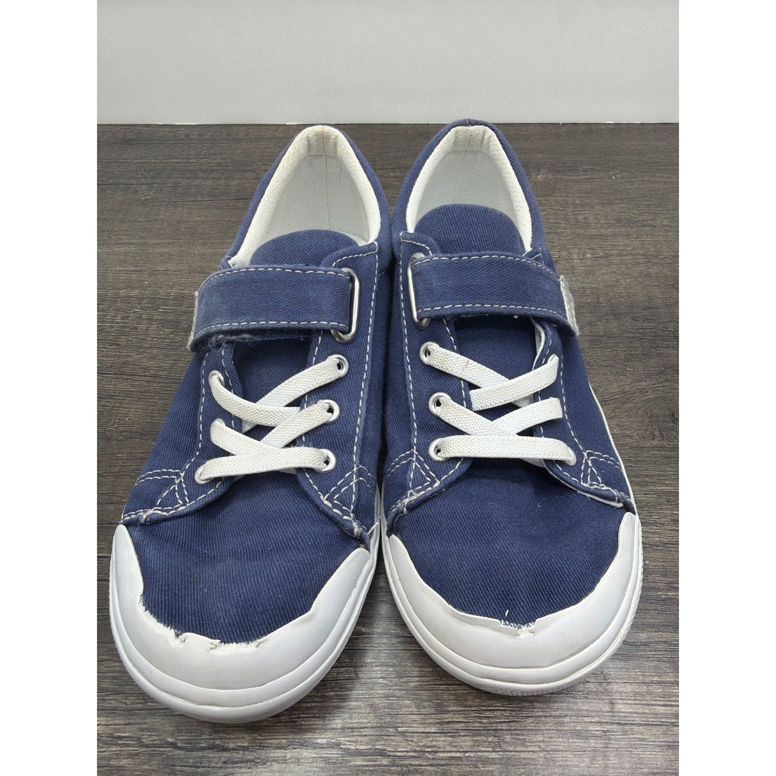 Footmates Canvas Sneakers Kids Size 1 Navy Blue Hook Loop Classic *Flawed2