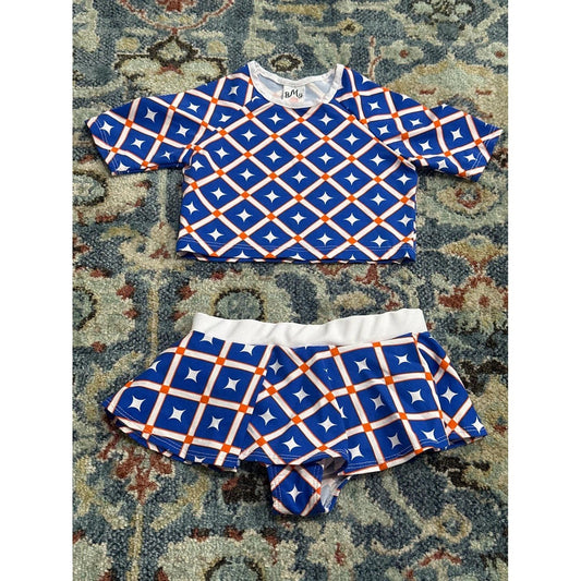 Mia Belle Swimsuit Girls 4T/5Y Blue Orange Geometric Rash Guard Skirt Set EUC0