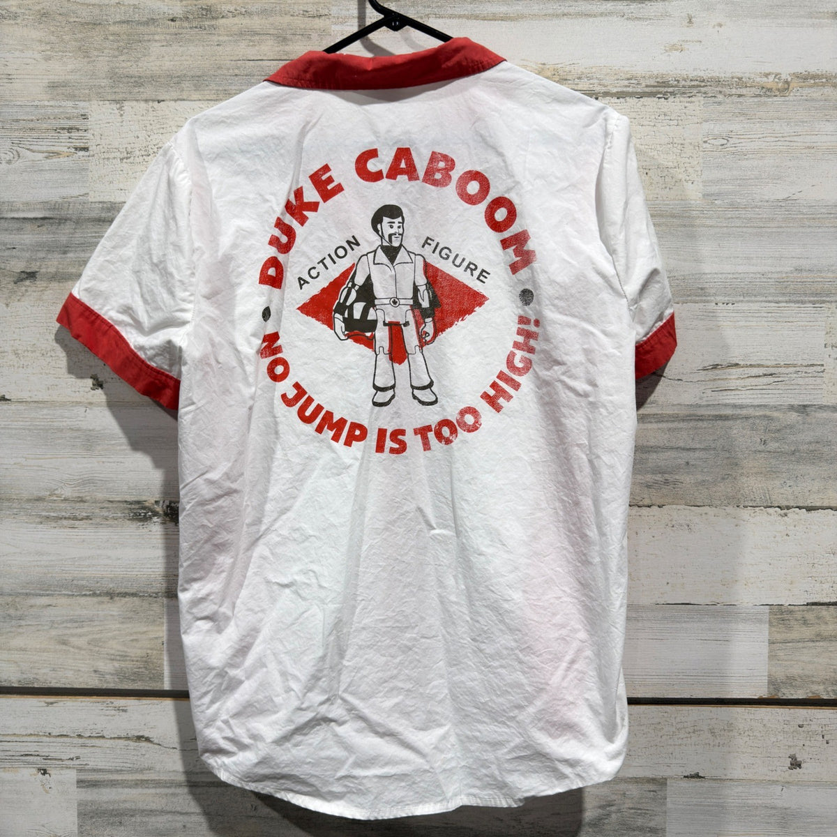 Disney Duke Caboom Bowling Shirt Mens M White Red Cotton Toy Story 4 Flawed*7