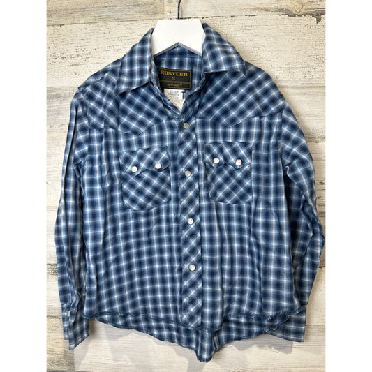 Rustler Plaid Western Snap Shirt Boys Small Blue White Pearl Snap *Flawed0