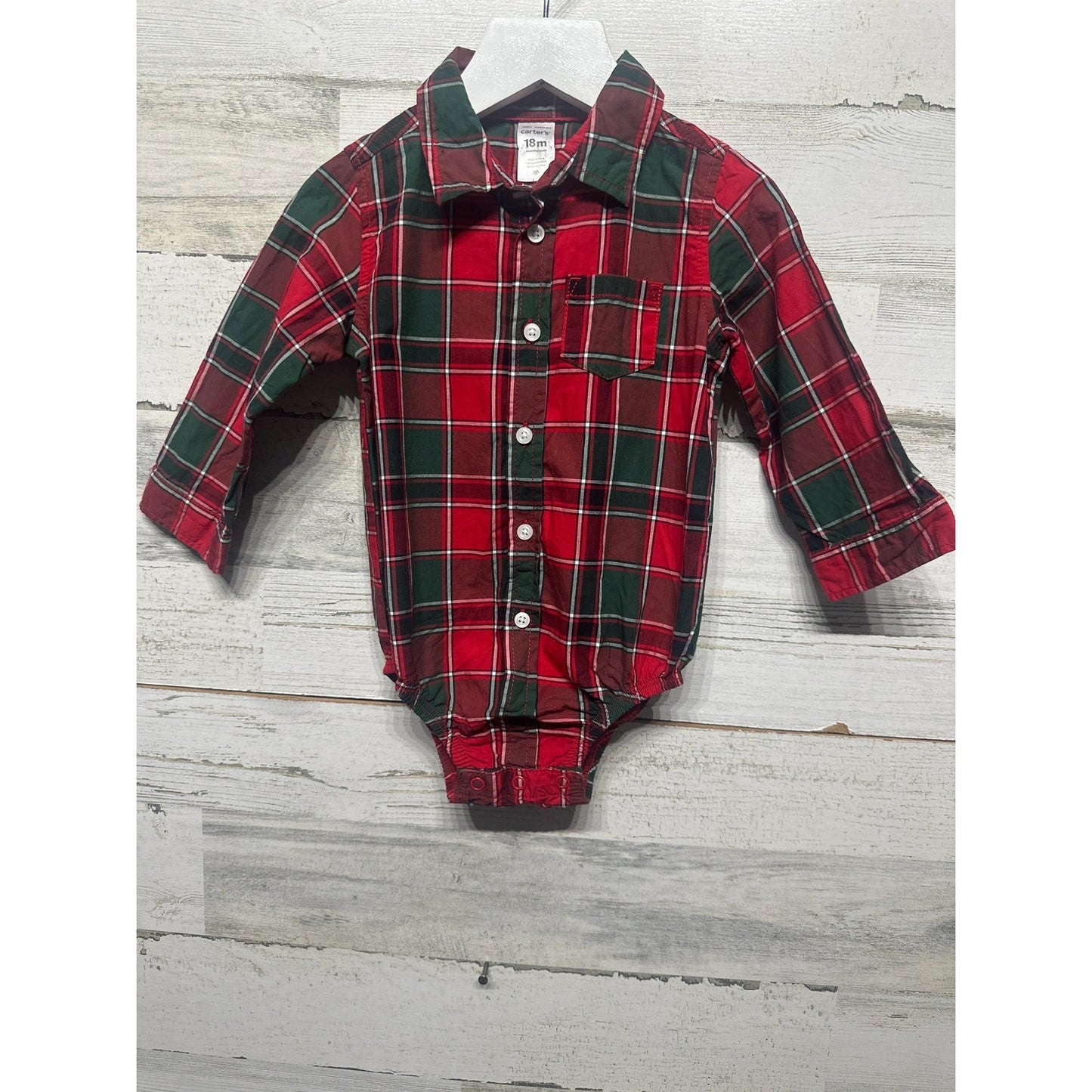 Carter's Plaid Bodysuit Boys 18M Red Green Button Front Holiday Festive EUC0