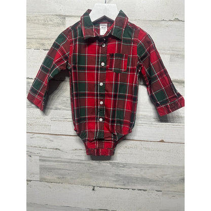 Carter's Plaid Bodysuit Boys 18M Red Green Button Front Holiday Festive EUC0