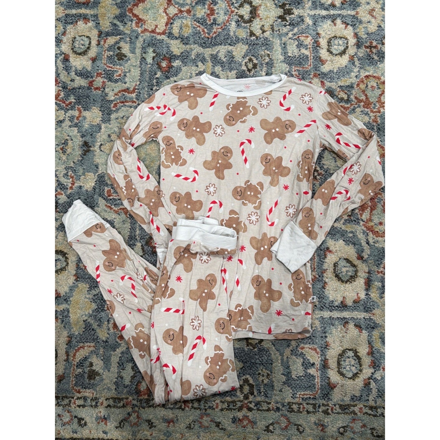Bums & Roses Pajama Set Kids 9/10 Tan Gingerbread Bamboo Holiday EUC0