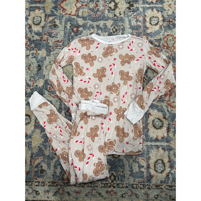 Bums & Roses Pajama Set Kids 9/10 Tan Gingerbread Bamboo Holiday EUC0