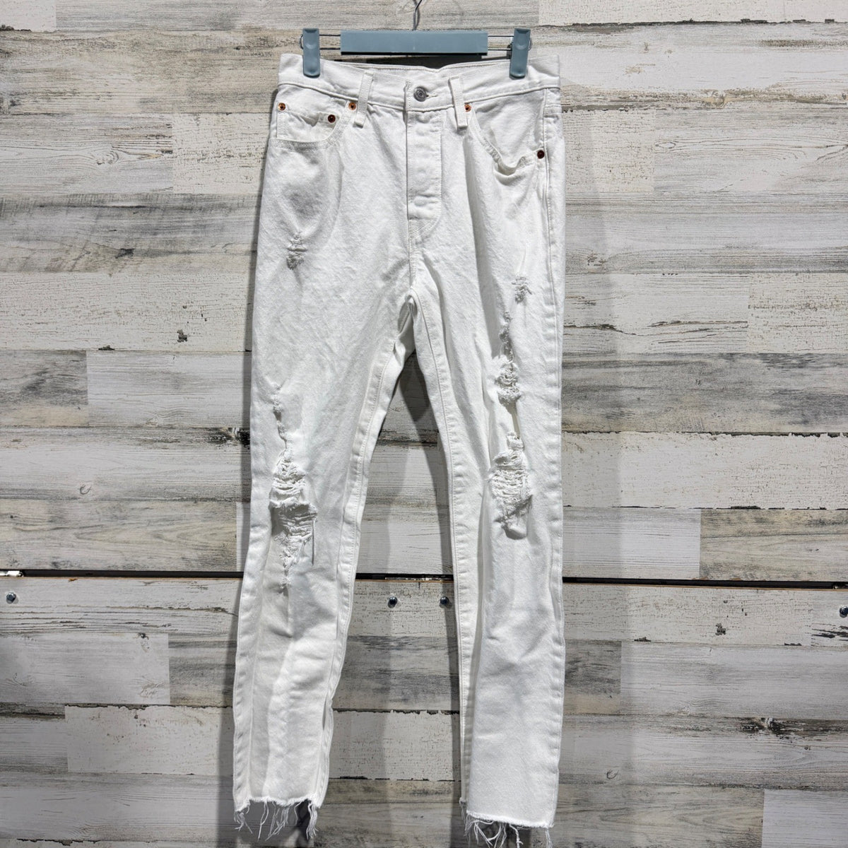 Levis 501 Skinny Jeans Women 27 White Cotton Distressed Raw Hem Flawed*0