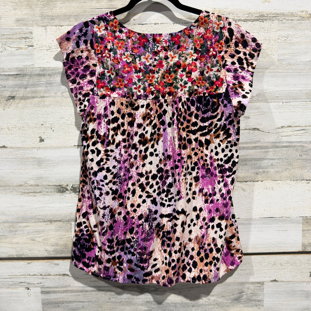 Savanna Jane Embroidered Blouse Women M Purple Leopard Rayon Boho EUC4