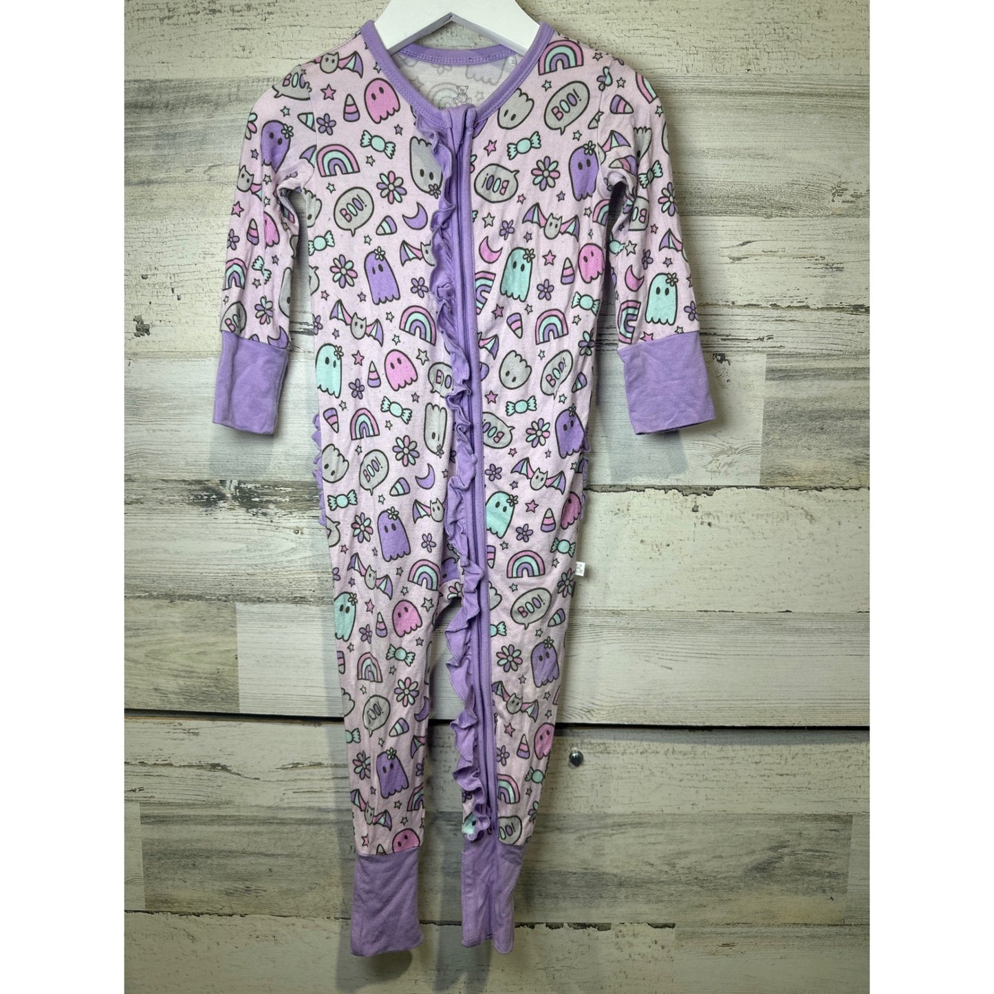 Little Snuggles Sleeper Kids 9-12M Purple Ghost Rainbow Ruffle Bamboo0