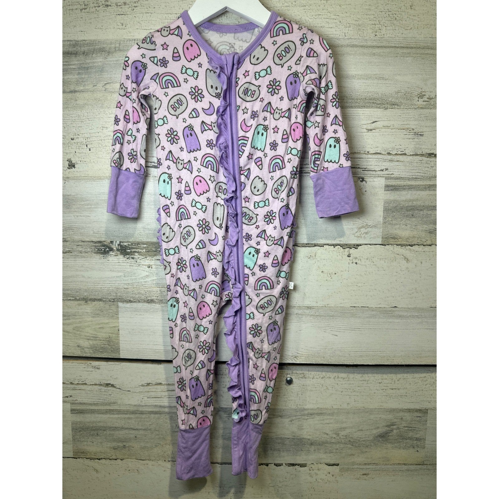 Little Snuggles Sleeper Kids 9-12M Purple Ghost Rainbow Ruffle Bamboo0