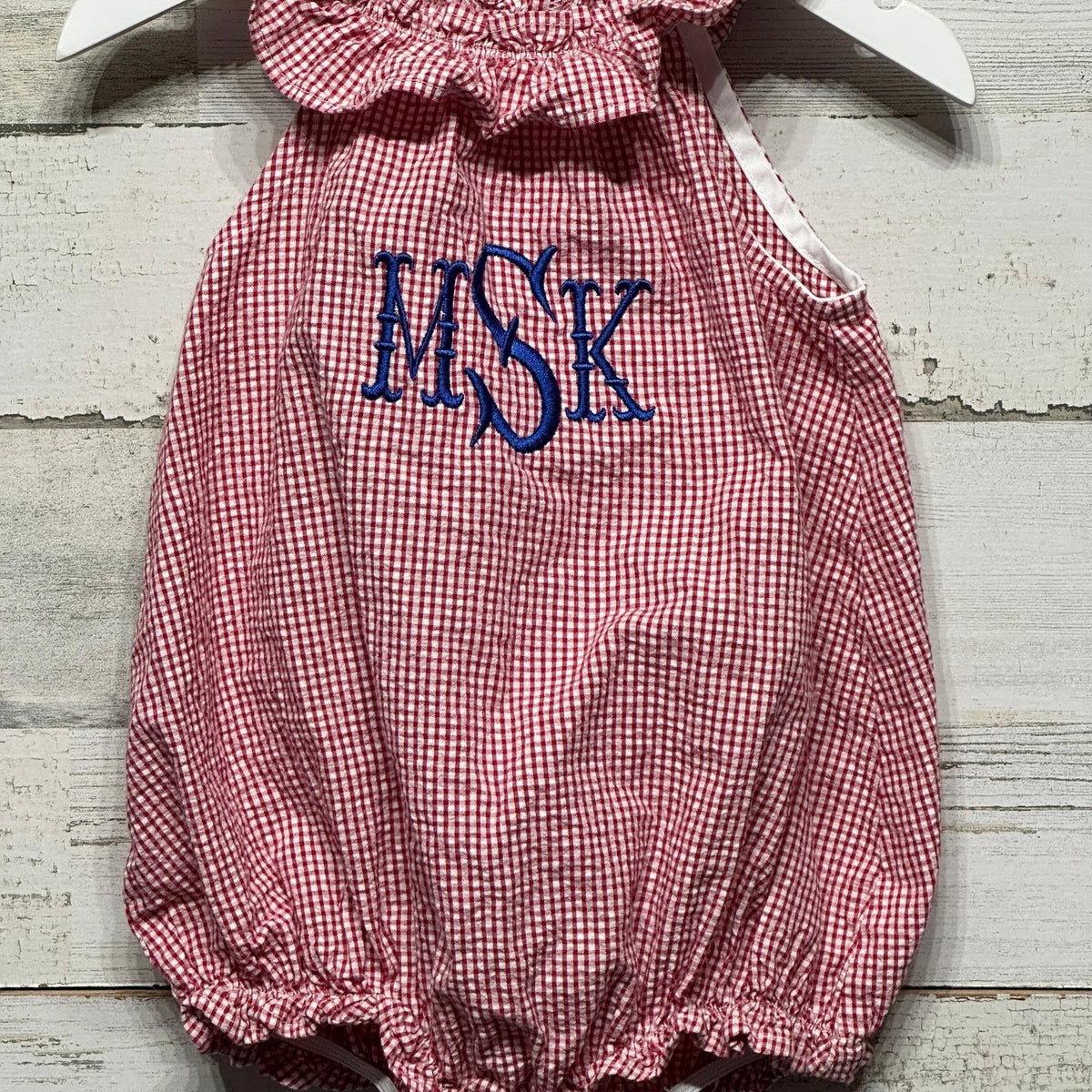 Bailey Boys Bubble Romper Girls 18m Red Gingham MSK Monogram Preppy EUC1