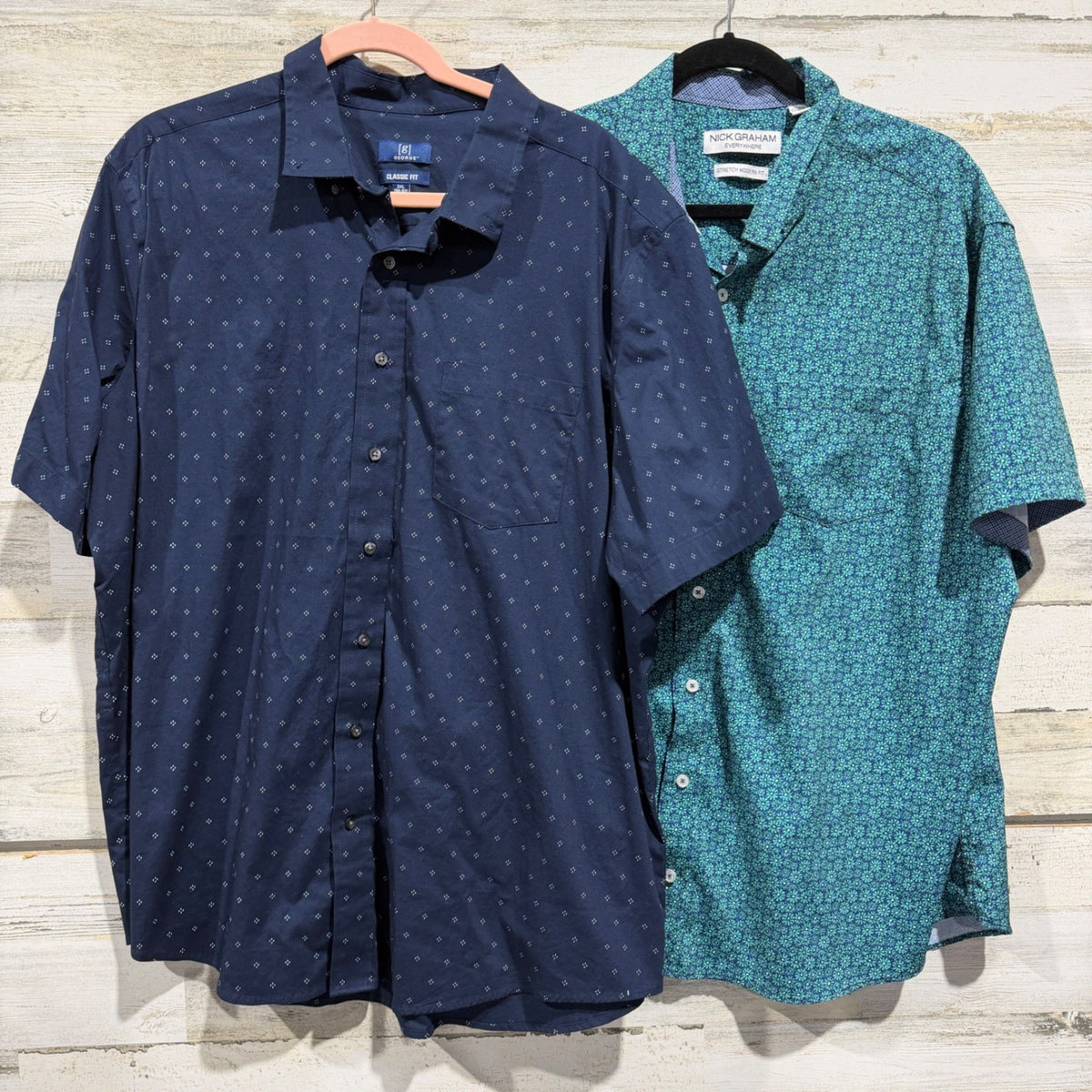 George Nick Graham Button Down Shirt Men 2XL Blue Green Print Cotton Poly EUC0
