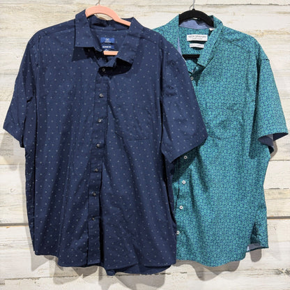 George Nick Graham Button Down Shirt Men 2XL Blue Green Print Cotton Poly EUC0