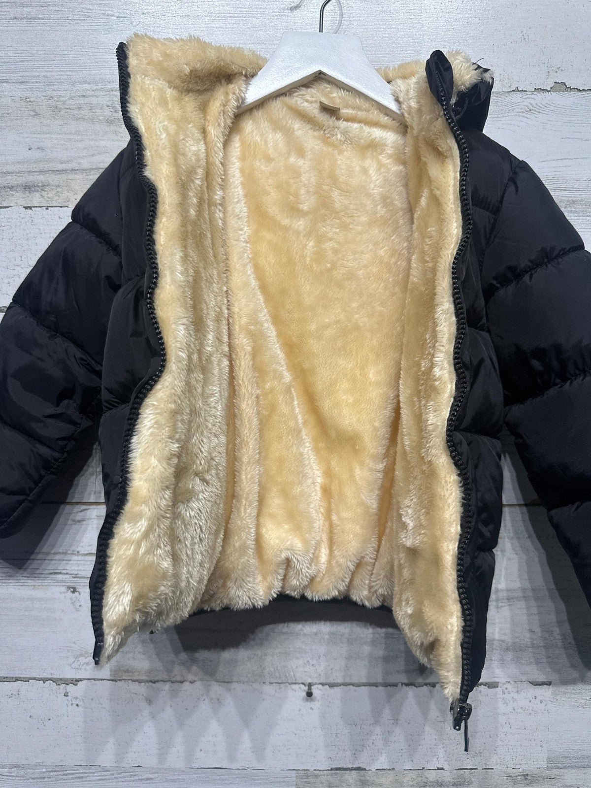 Puffer Jacket Kids 5-6 / 120 Black Faux Fur Lined Hooded Quilted EUC2