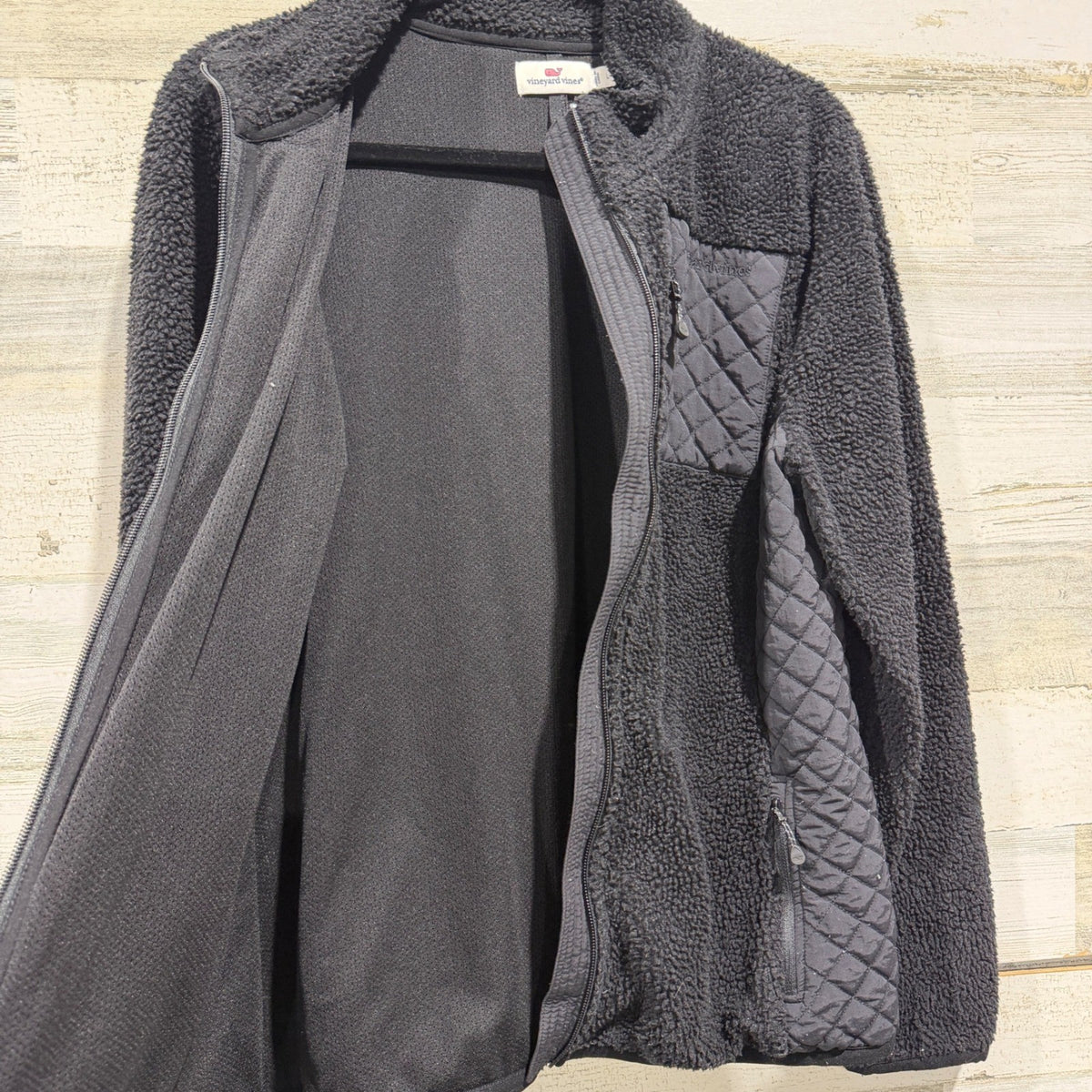Vineyard Vines Sherpa Fleece Jacket Women Large Black Quilted Mixed Media GUC*5