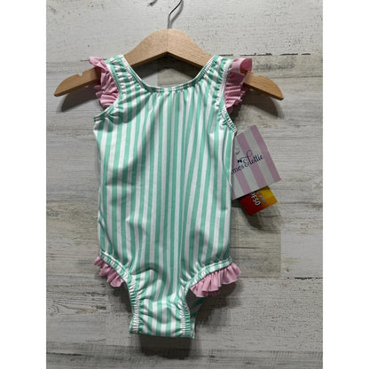 James & Lottie Swimsuit Girls 24M Mint Pink Striped Ruffle UPF 50+ NWT0