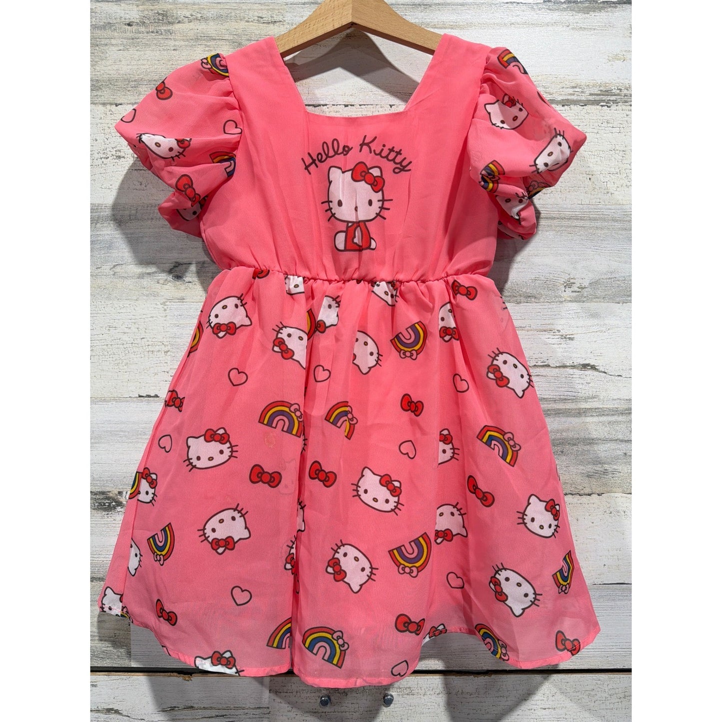 Sanrio Hello Kitty Dress Girls 5 Pink Puff Sleeve Rainbow Sanriocore EUC0