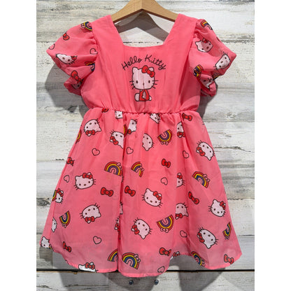 Sanrio Hello Kitty Dress Girls 5 Pink Puff Sleeve Rainbow Sanriocore EUC0